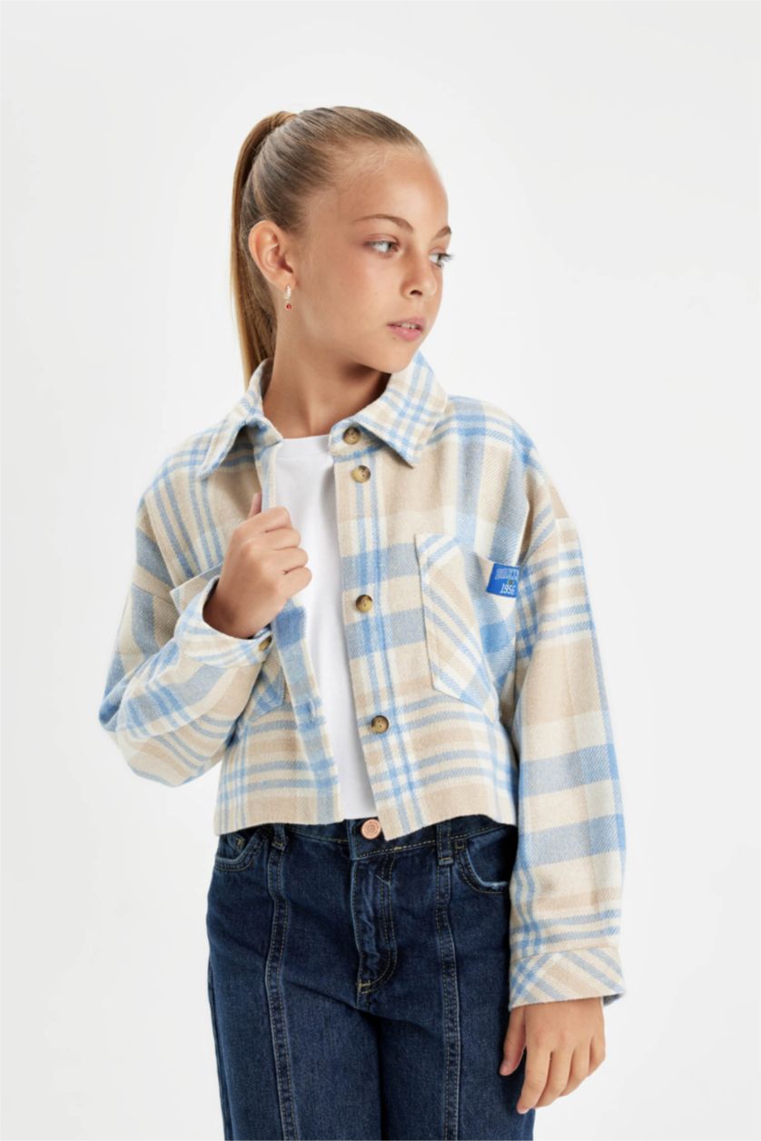 FILLES Bleu Chemise courte à manches longues à carreaux pour Fille
