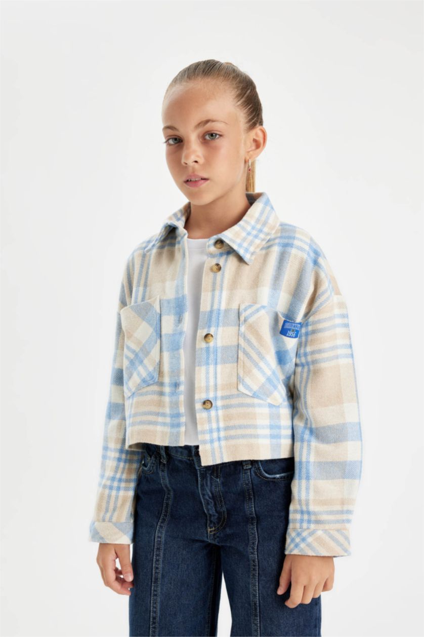 FILLES Bleu Chemise courte à manches longues à carreaux pour Fille