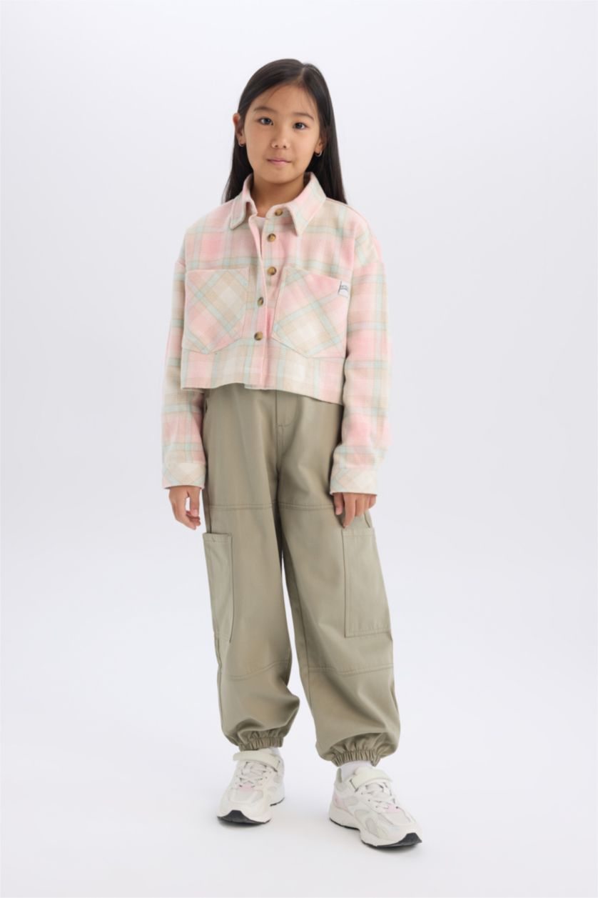 Girls & Teens Pink Girl Plaid Buttoned Pocket Crop Shirt