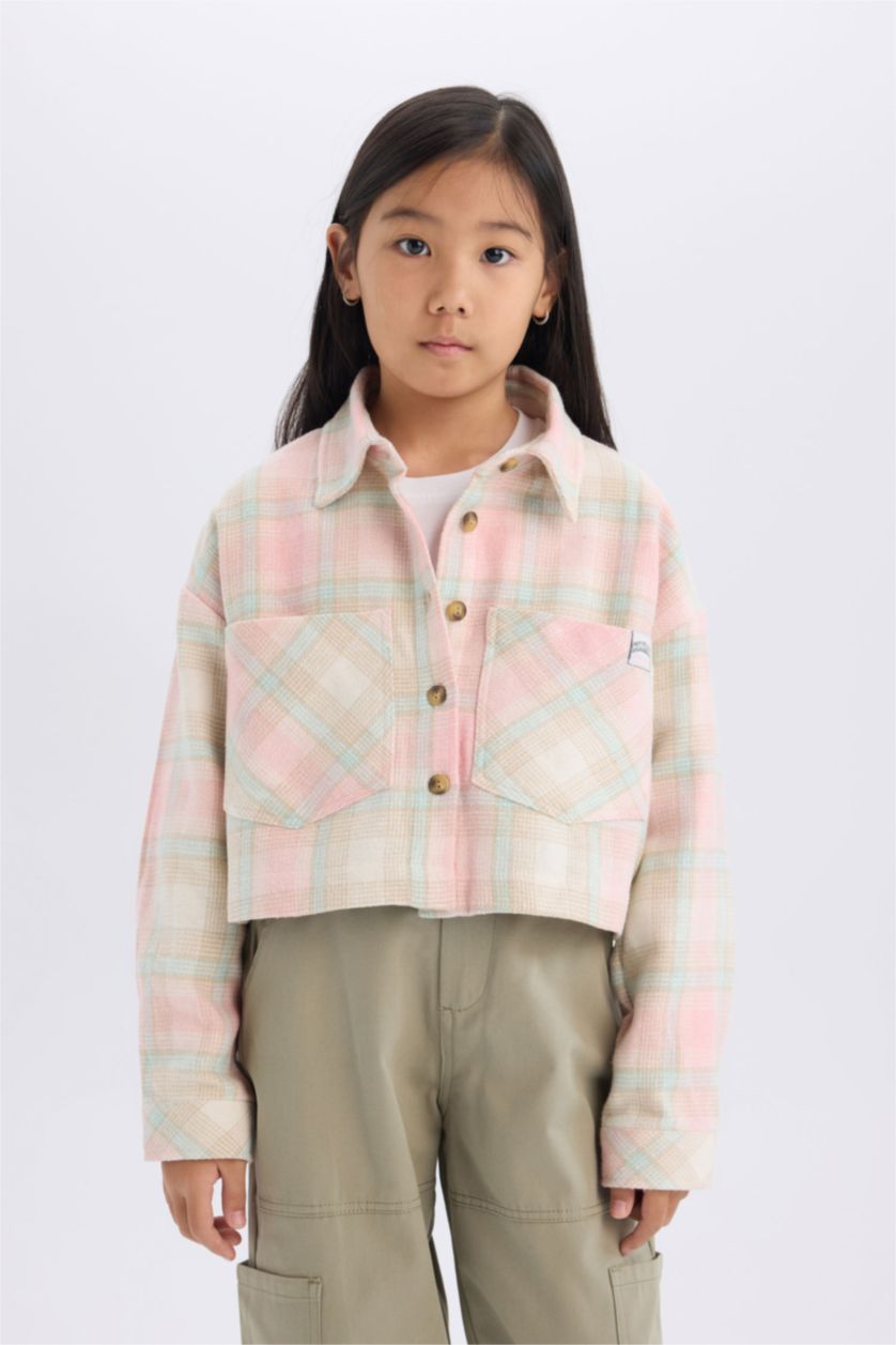 Girls & Teens Pink Girl Plaid Buttoned Pocket Crop Shirt