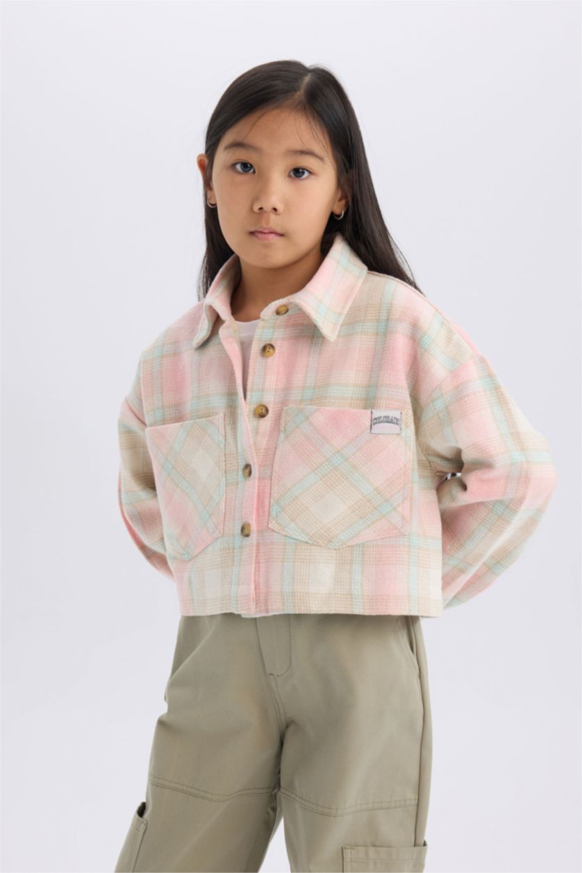 Girls & Teens Pink Girl Plaid Buttoned Pocket Crop Shirt