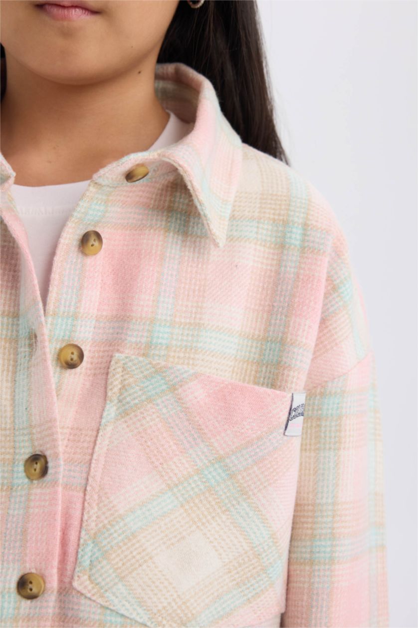 Girls & Teens Pink Girl Plaid Buttoned Pocket Crop Shirt