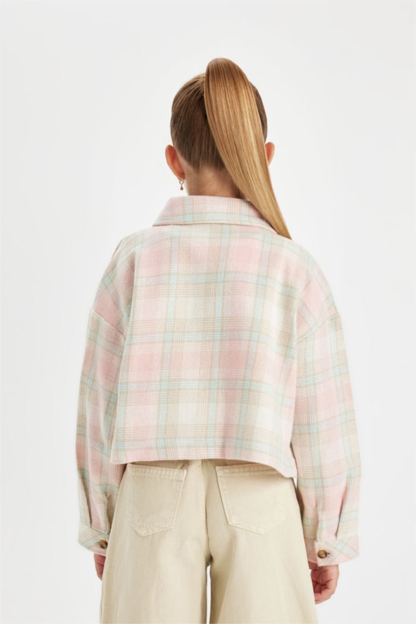 Girls & Teens Pink Girl Plaid Buttoned Pocket Crop Shirt
