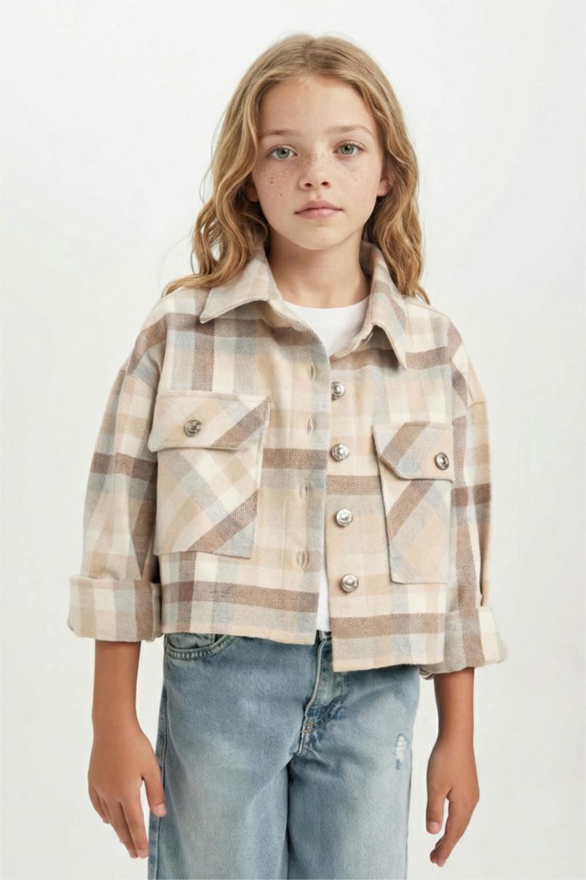 Kız Çocuk - Genç Kız Bej Kız Çocuk Ekoseli Çift Cepli Crop Uzun Kollu Gömlek