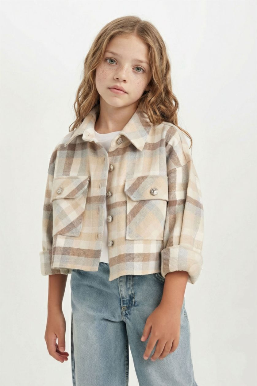 Kız Çocuk - Genç Kız Bej Kız Çocuk Ekoseli Çift Cepli Crop Uzun Kollu Gömlek