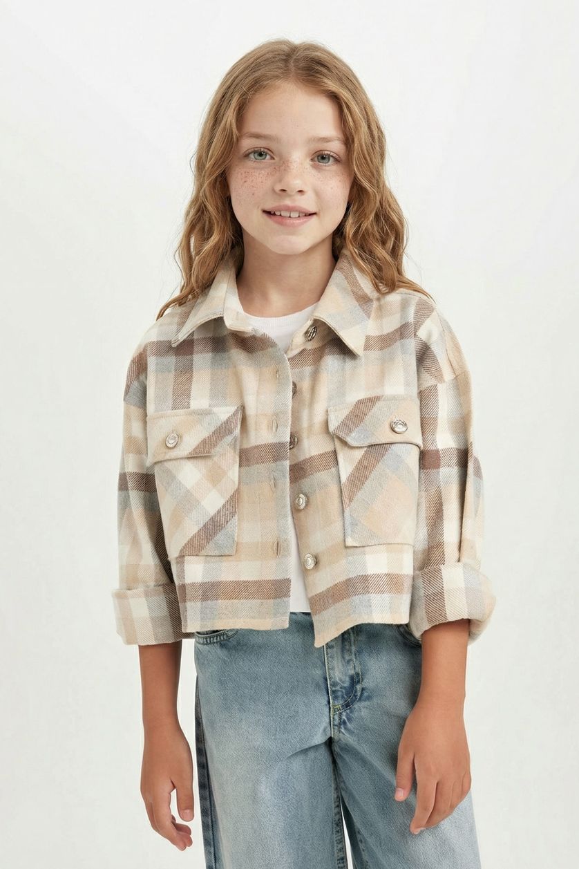 Kız Çocuk - Genç Kız Bej Kız Çocuk Ekoseli Çift Cepli Crop Uzun Kollu Gömlek