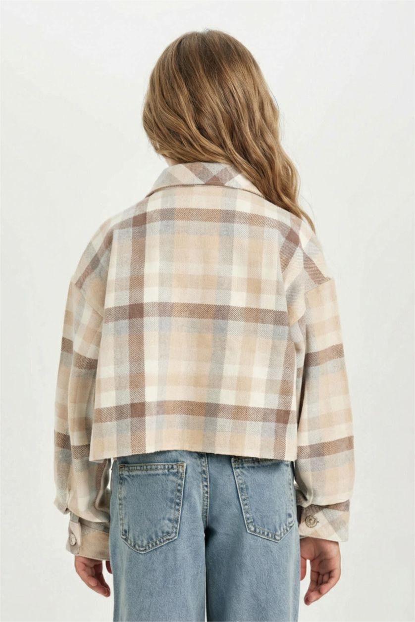 Kız Çocuk - Genç Kız Bej Kız Çocuk Ekoseli Çift Cepli Crop Uzun Kollu Gömlek