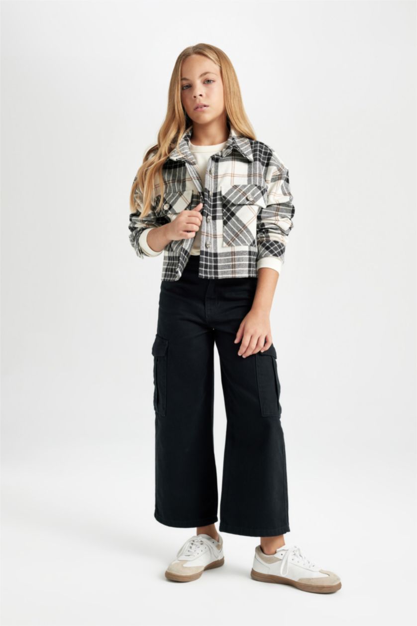 Kız Çocuk - Genç Kız Siyah Crop Kareli Uzun Kollu Çift Cepli Gömlek Ceket Kız Çocuk