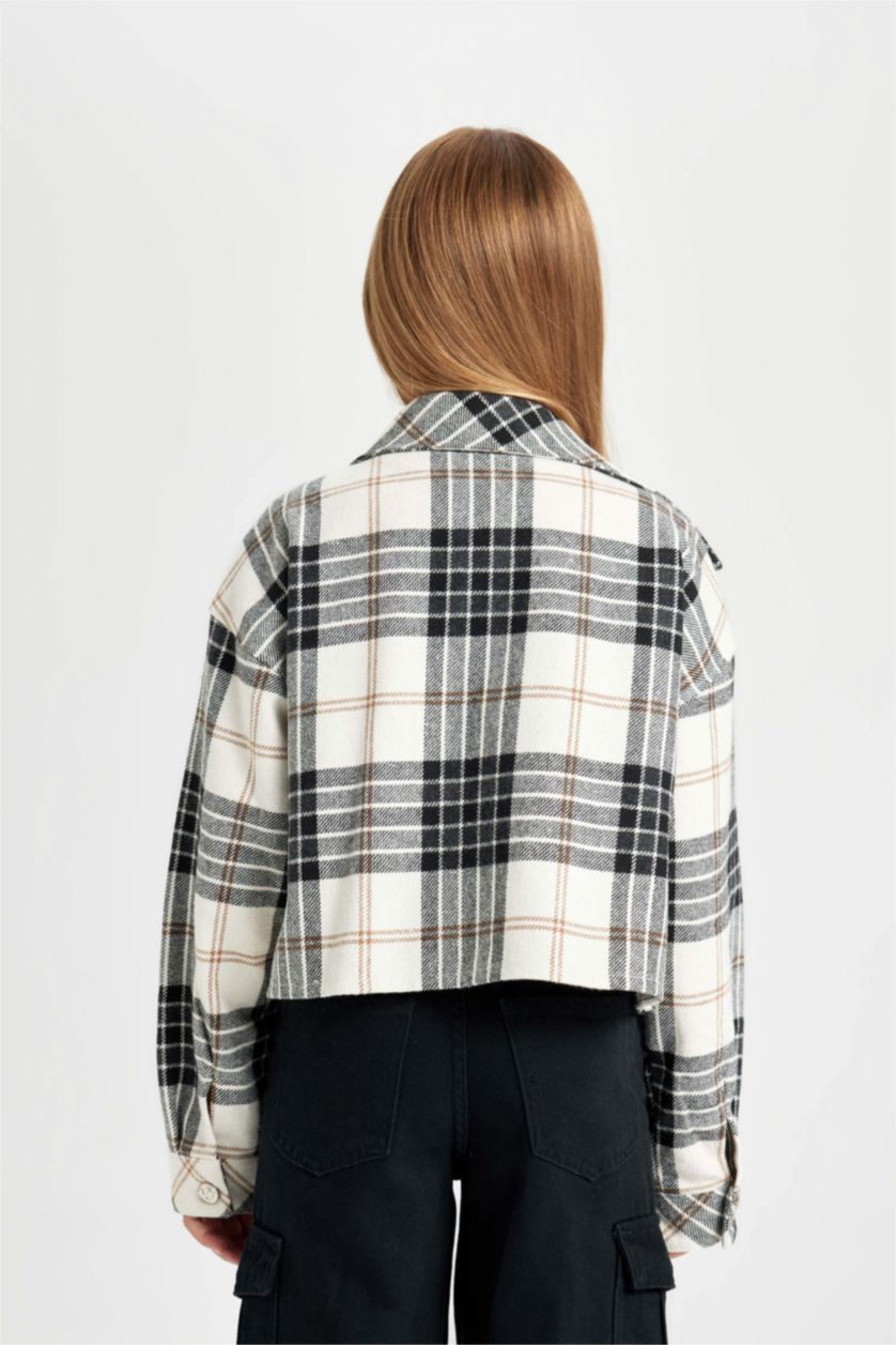 Kız Çocuk - Genç Kız Siyah Crop Kareli Uzun Kollu Çift Cepli Gömlek Ceket Kız Çocuk