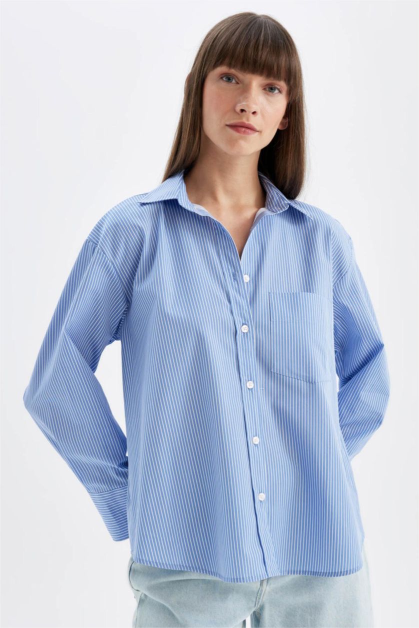 نساء أزرق قميص مخطط واسع كم طويل بوبلين