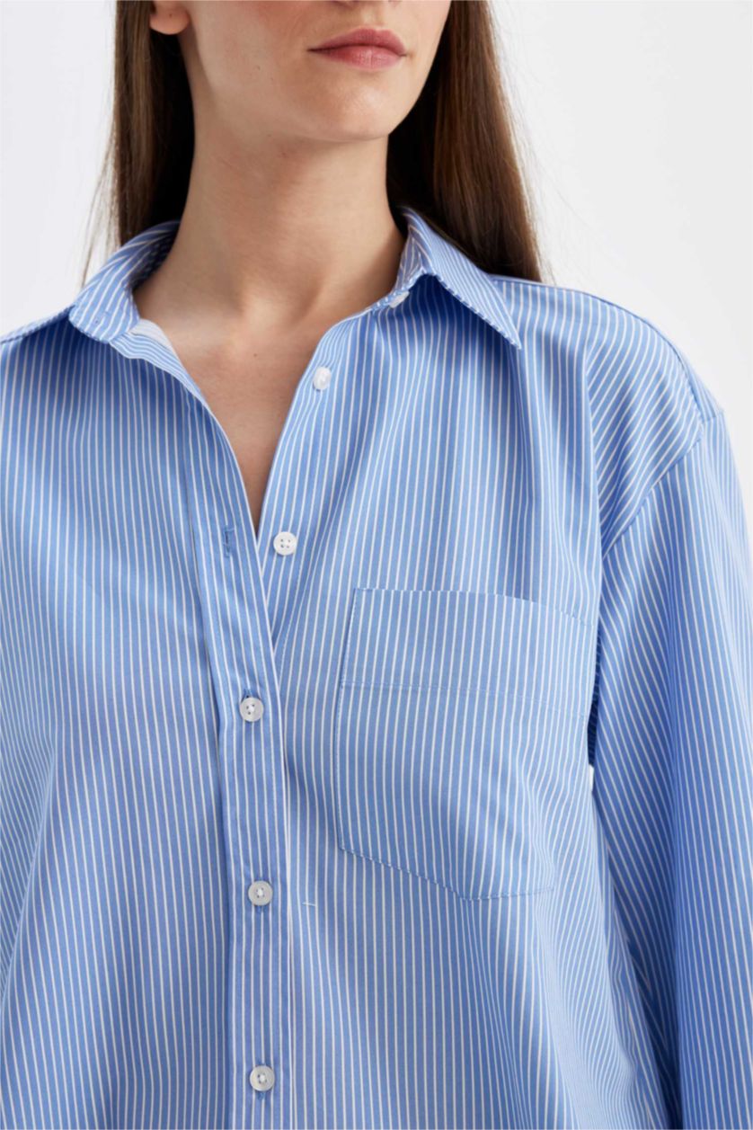 نساء أزرق قميص مخطط واسع كم طويل بوبلين