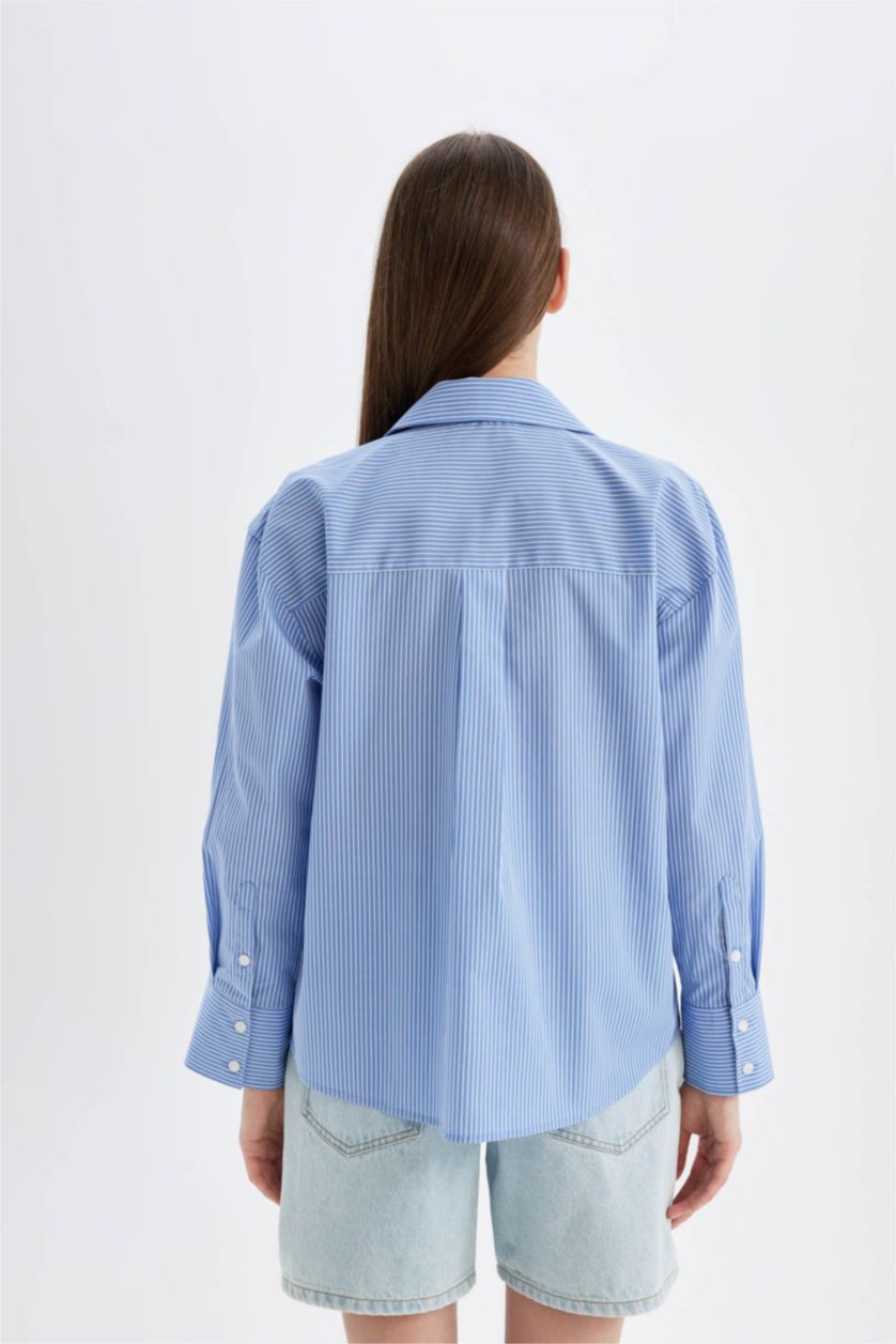 نساء أزرق قميص مخطط واسع كم طويل بوبلين