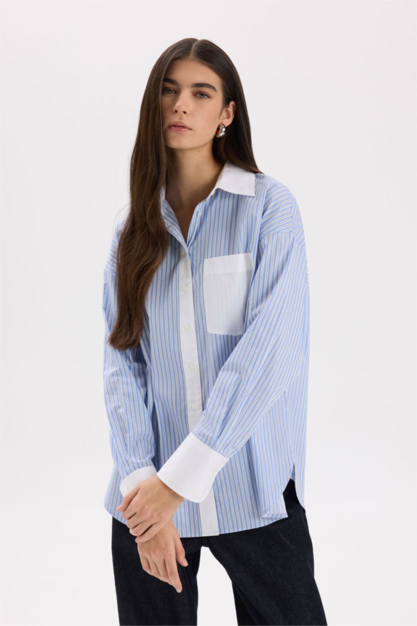 Woman Light Blue Oversize Fit Shirt Collar Poplin Long Sleeve Shirt