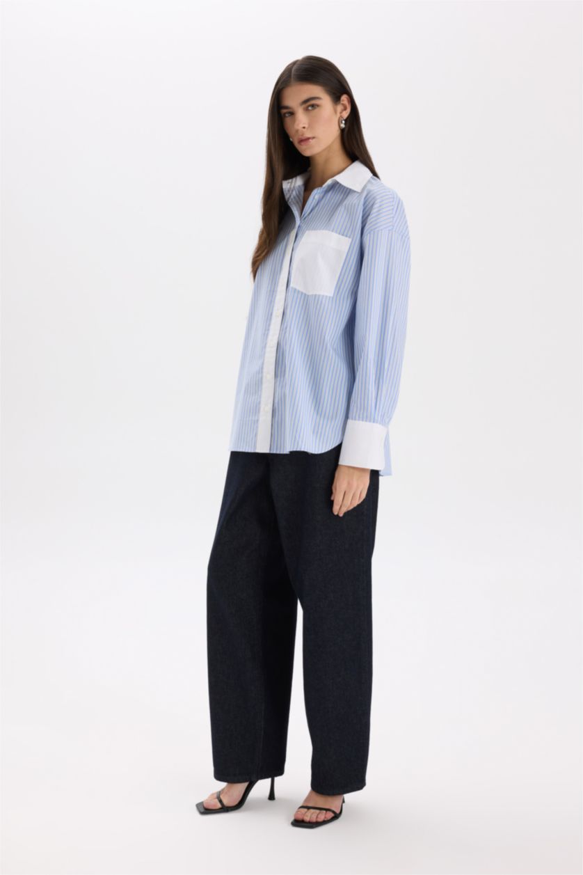 Woman Light Blue Oversize Fit Shirt Collar Poplin Long Sleeve Shirt