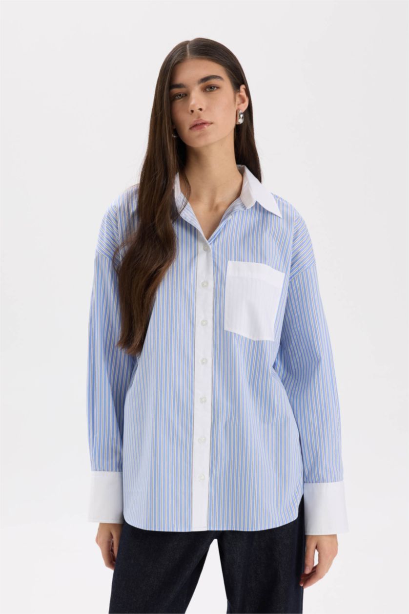 Woman Light Blue Oversize Fit Shirt Collar Poplin Long Sleeve Shirt