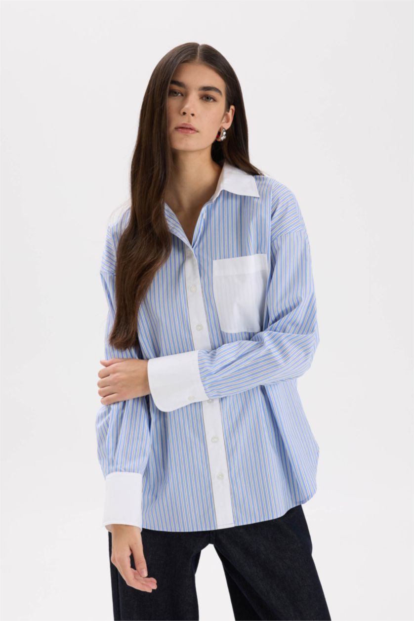 Woman Light Blue Oversize Fit Shirt Collar Poplin Long Sleeve Shirt