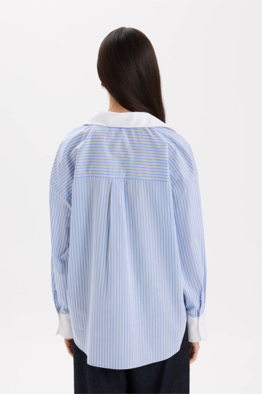Woman Light Blue Oversize Fit Shirt Collar Poplin Long Sleeve Shirt