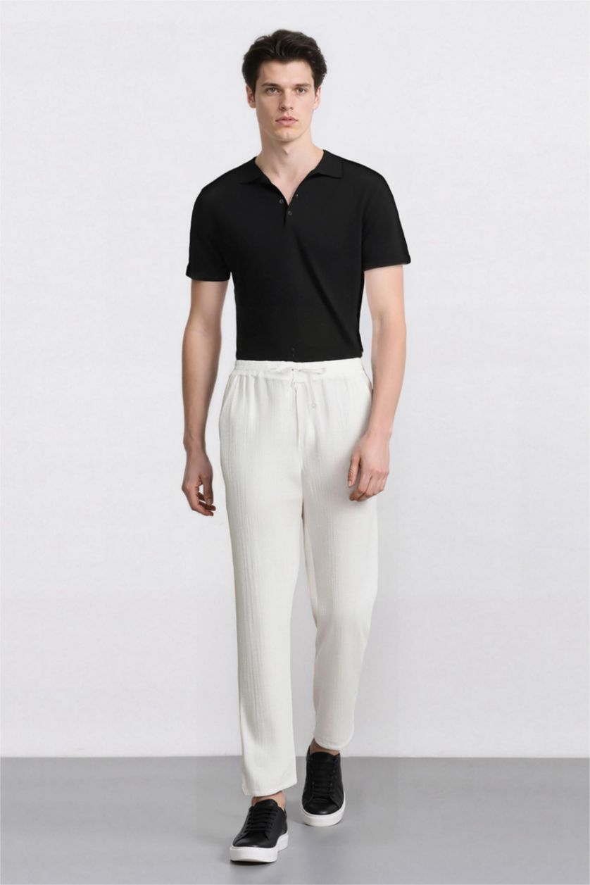 Erkek Ekru %100 Pamuk Slim Fit Pantolon