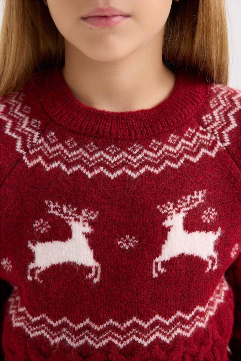 بنات أحمر بلوفر قصة عادية بياقة مستديرة