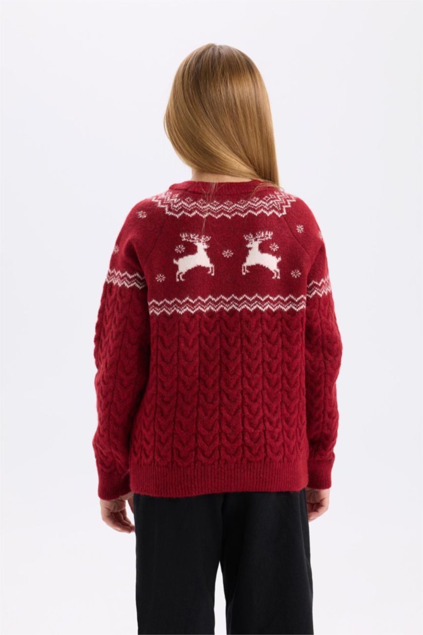 بنات أحمر بلوفر قصة عادية بياقة مستديرة