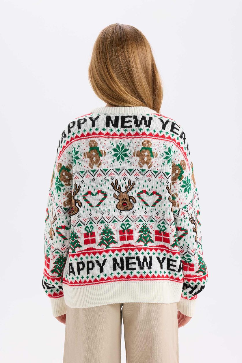 Девочки и подростки Бежевый Свитер новогодний стандартного кроя с круглым вырезом для девочек