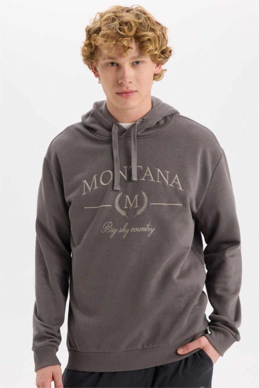 Erkek Antrasit Relax Fit Kapüşonlu Baskılı Kalın Sweatshirt