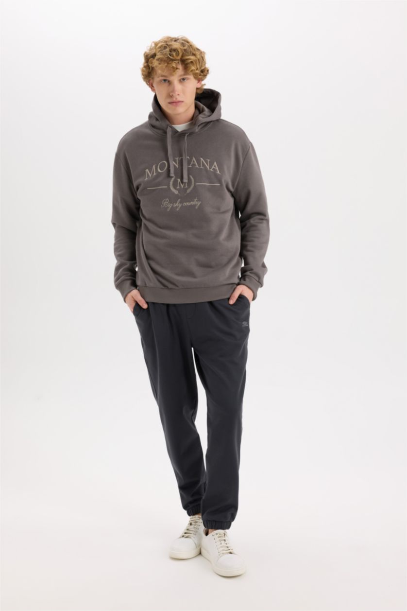 Erkek Antrasit Relax Fit Kapüşonlu Baskılı Kalın Sweatshirt