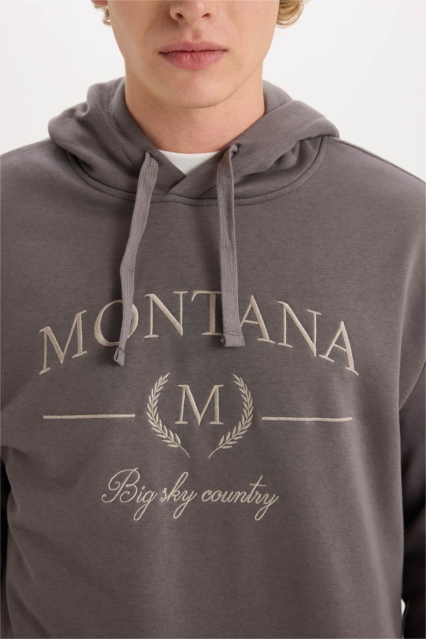 Erkek Antrasit Relax Fit Kapüşonlu Baskılı Kalın Sweatshirt