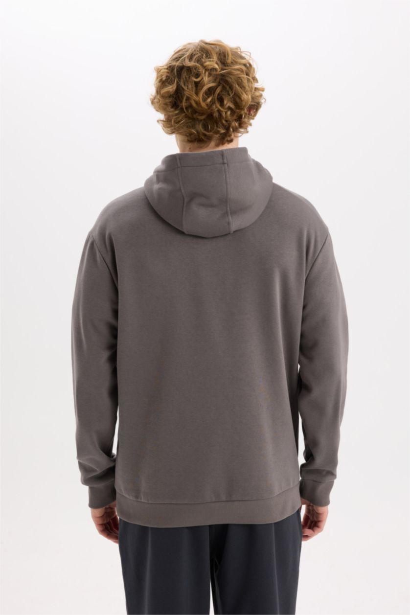Erkek Antrasit Relax Fit Kapüşonlu Baskılı Kalın Sweatshirt