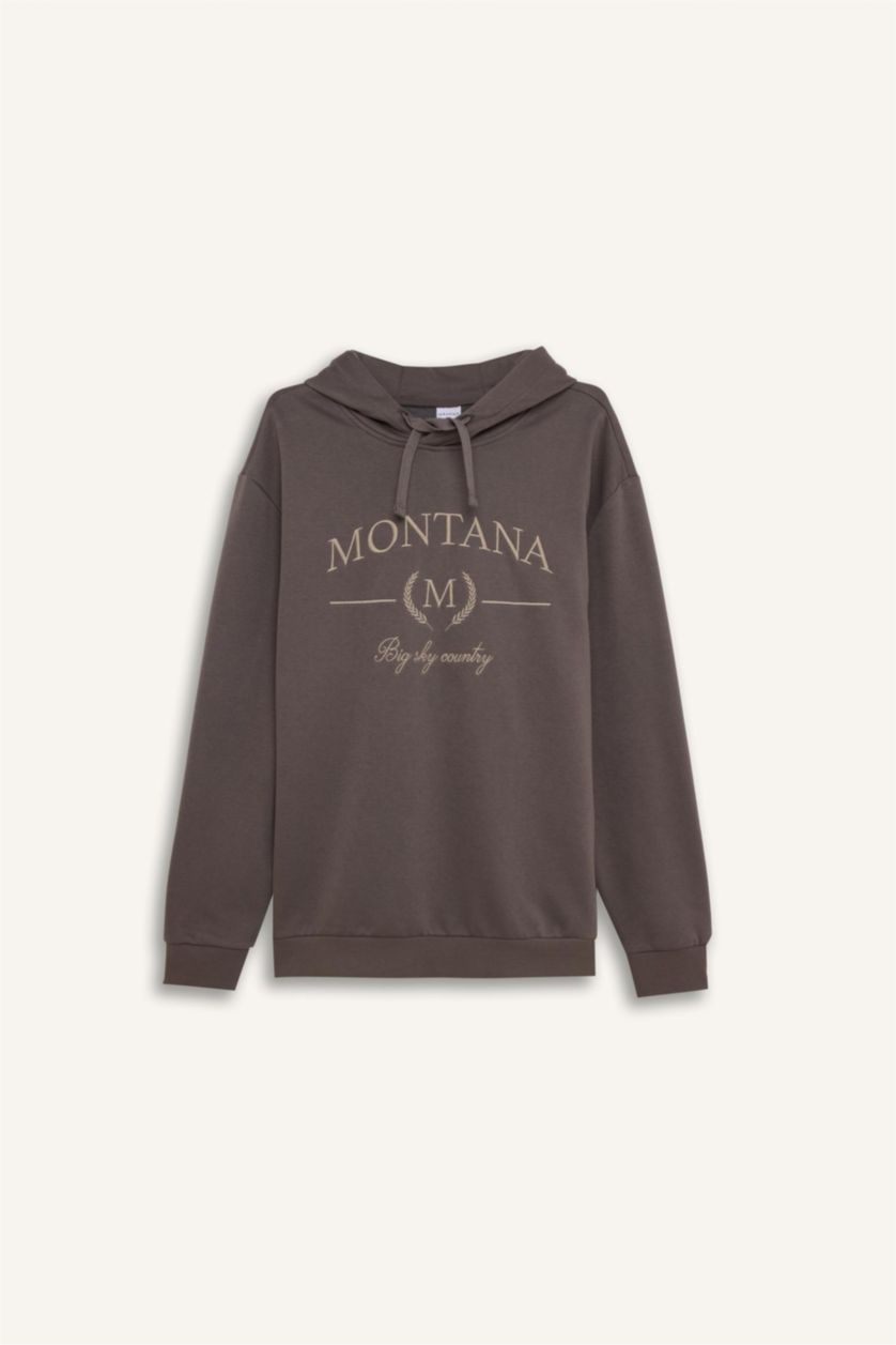 Erkek Antrasit Relax Fit Kapüşonlu Baskılı Kalın Sweatshirt