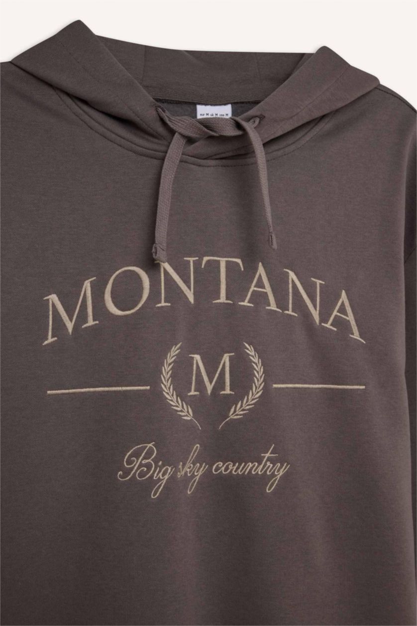 Erkek Antrasit Relax Fit Kapüşonlu Baskılı Kalın Sweatshirt