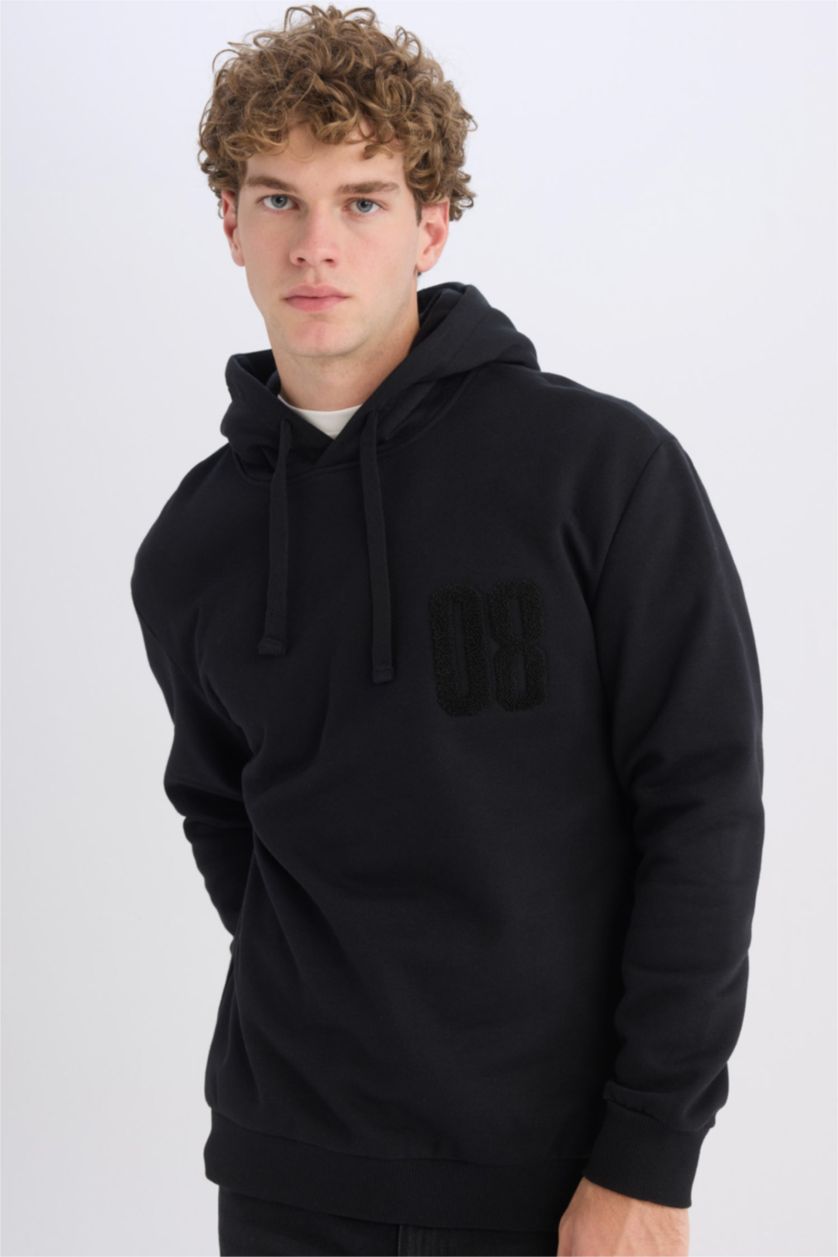 رجالي أسود سويت شيرت اسود تقيل قصة مريحة بكابيشون