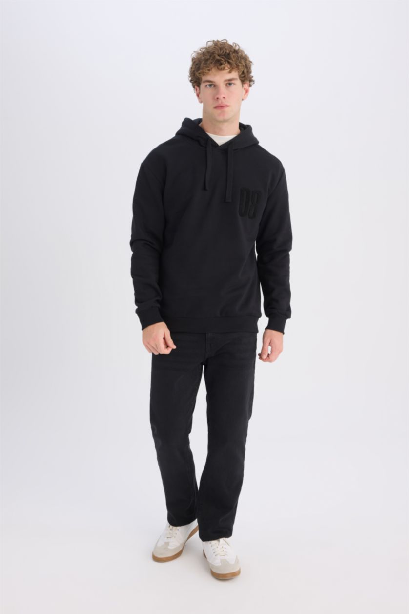 رجالي أسود سويت شيرت اسود تقيل قصة مريحة بكابيشون