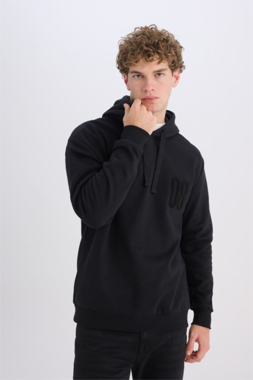 رجالي أسود سويت شيرت اسود تقيل قصة مريحة بكابيشون