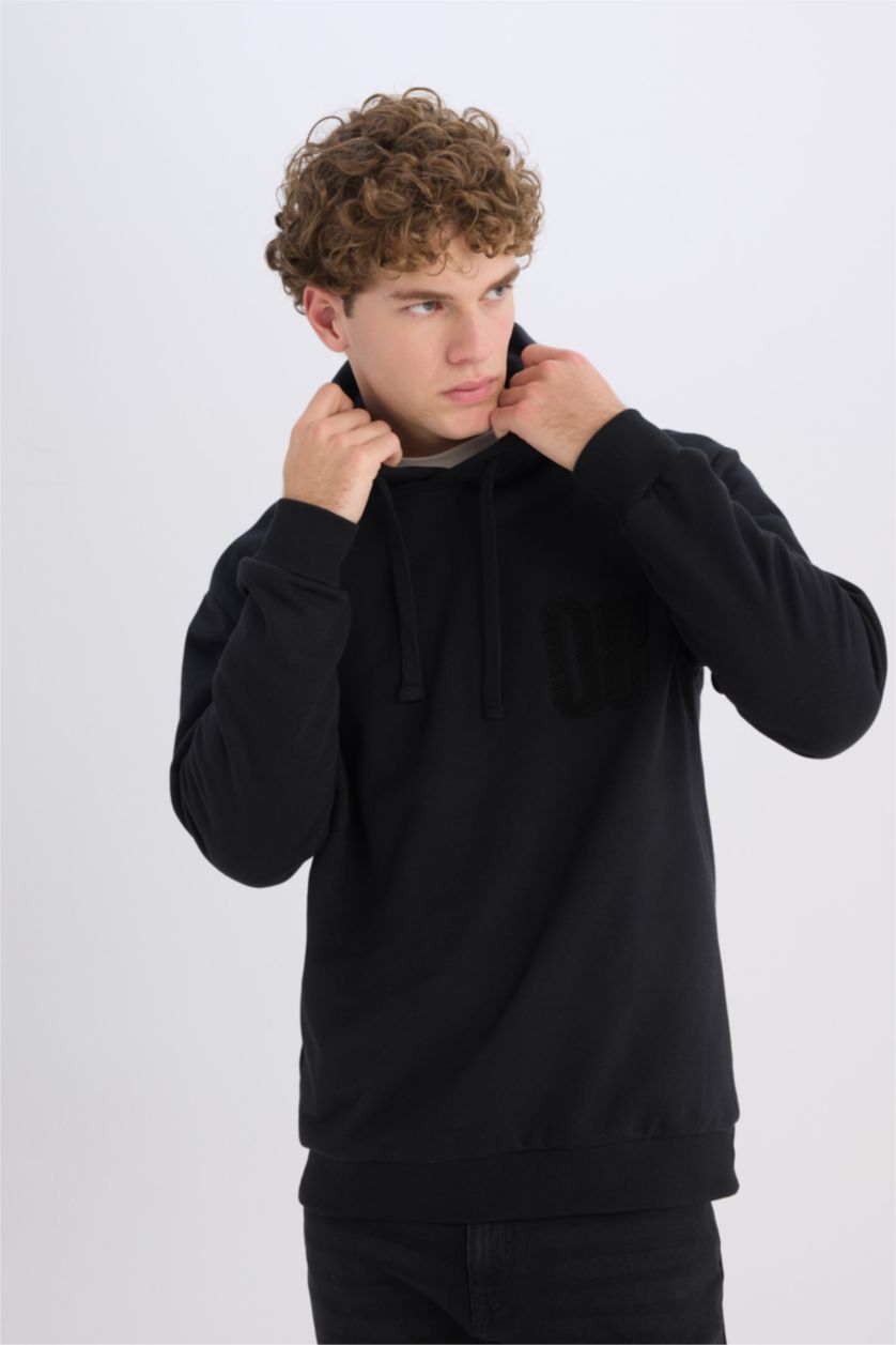 رجالي أسود سويت شيرت اسود تقيل قصة مريحة بكابيشون