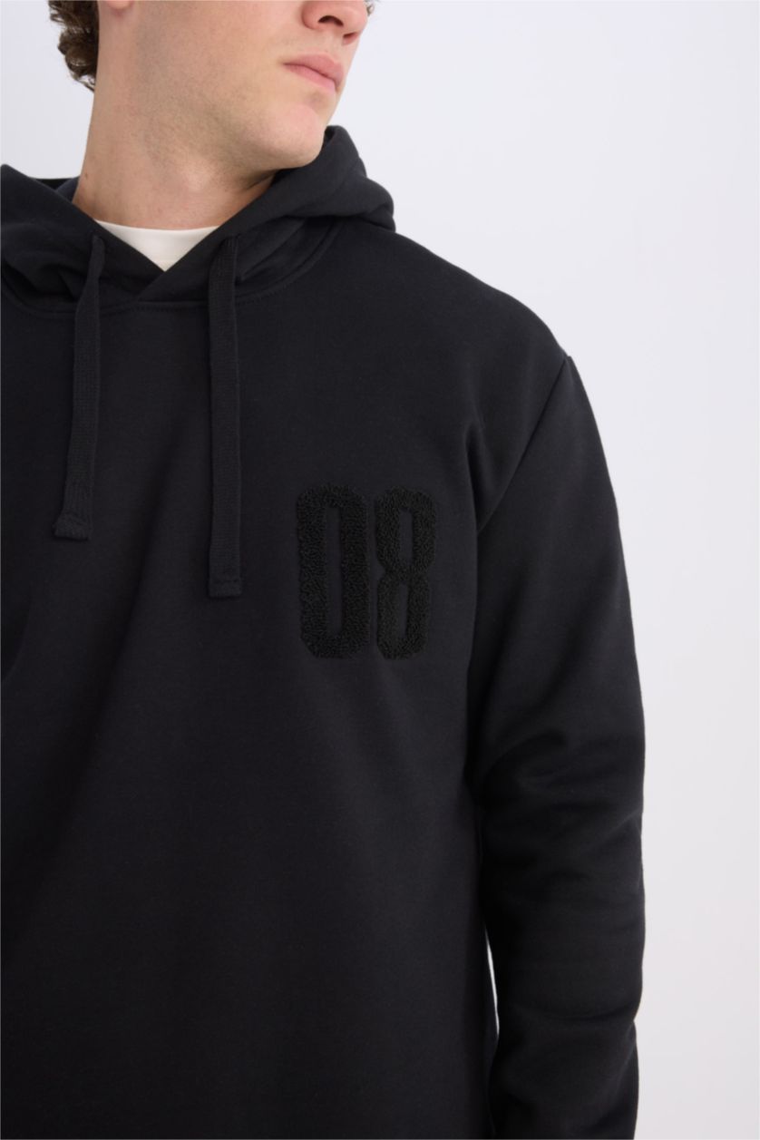 رجالي أسود سويت شيرت اسود تقيل قصة مريحة بكابيشون