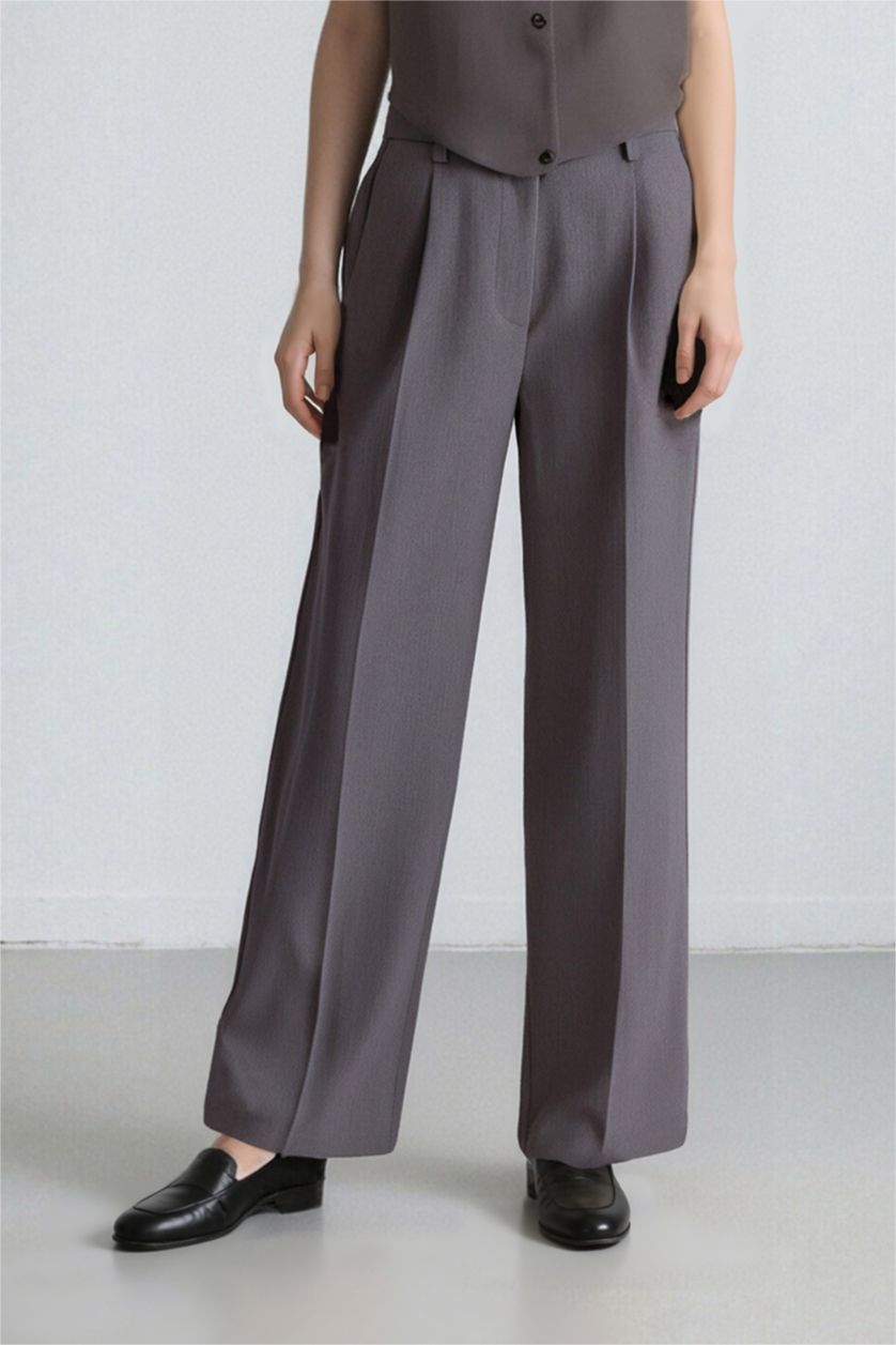 حريمي ميلانج رمادي بنطلون وايد ليج برجل واسع بجيب وخصر عالي