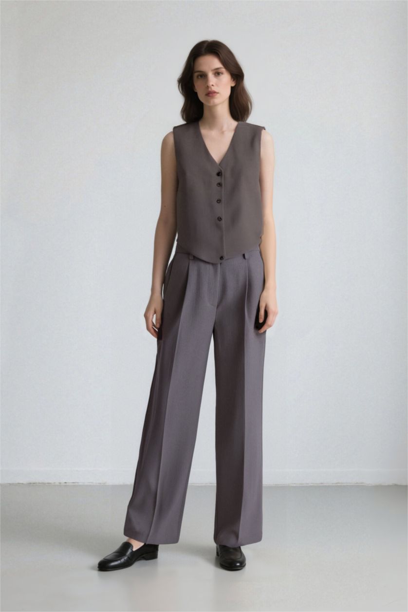 حريمي ميلانج رمادي بنطلون وايد ليج برجل واسع بجيب وخصر عالي