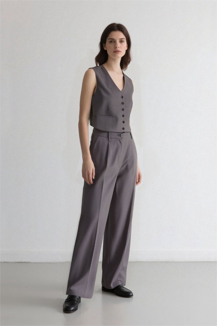 حريمي ميلانج رمادي بنطلون وايد ليج برجل واسع بجيب وخصر عالي