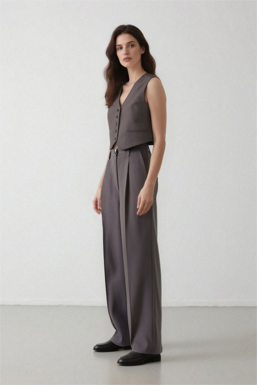 حريمي ميلانج رمادي بنطلون وايد ليج برجل واسع بجيب وخصر عالي