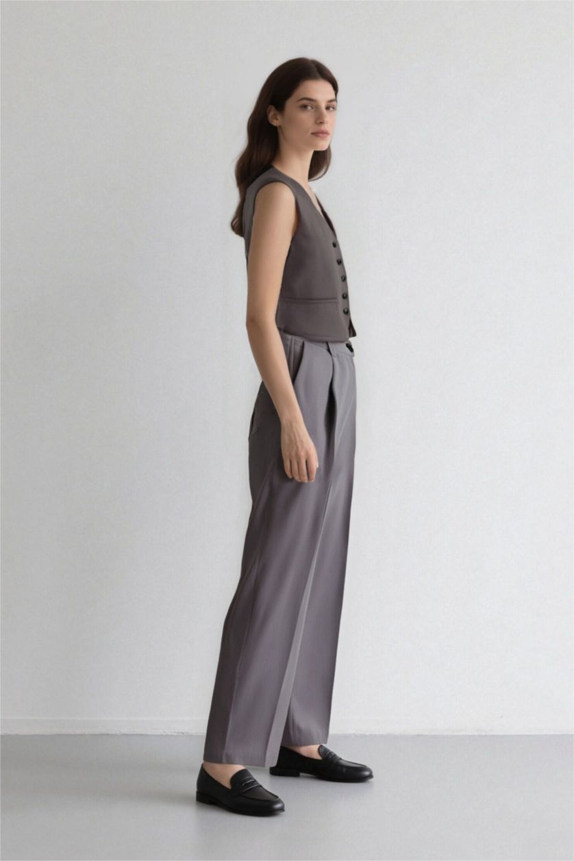 حريمي ميلانج رمادي بنطلون وايد ليج برجل واسع بجيب وخصر عالي