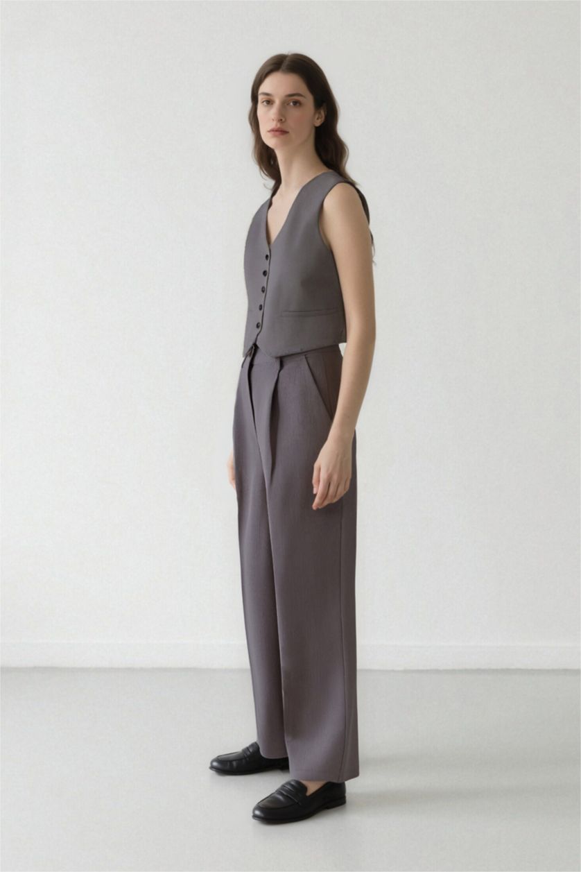 حريمي ميلانج رمادي بنطلون وايد ليج برجل واسع بجيب وخصر عالي