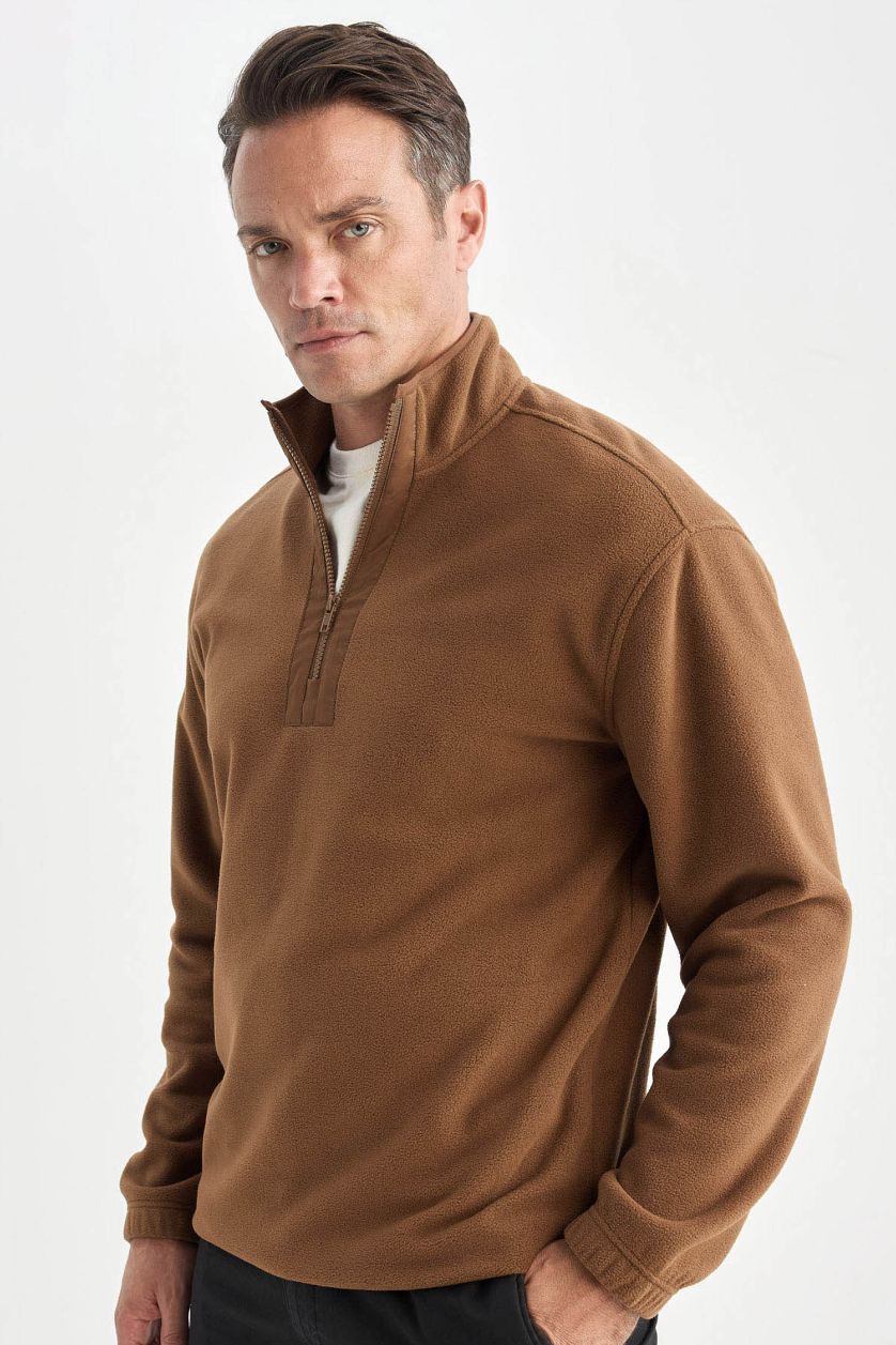 Erkek Kahve Relax Fit Dik Yaka Fermuarlı Polar Sweatshirt