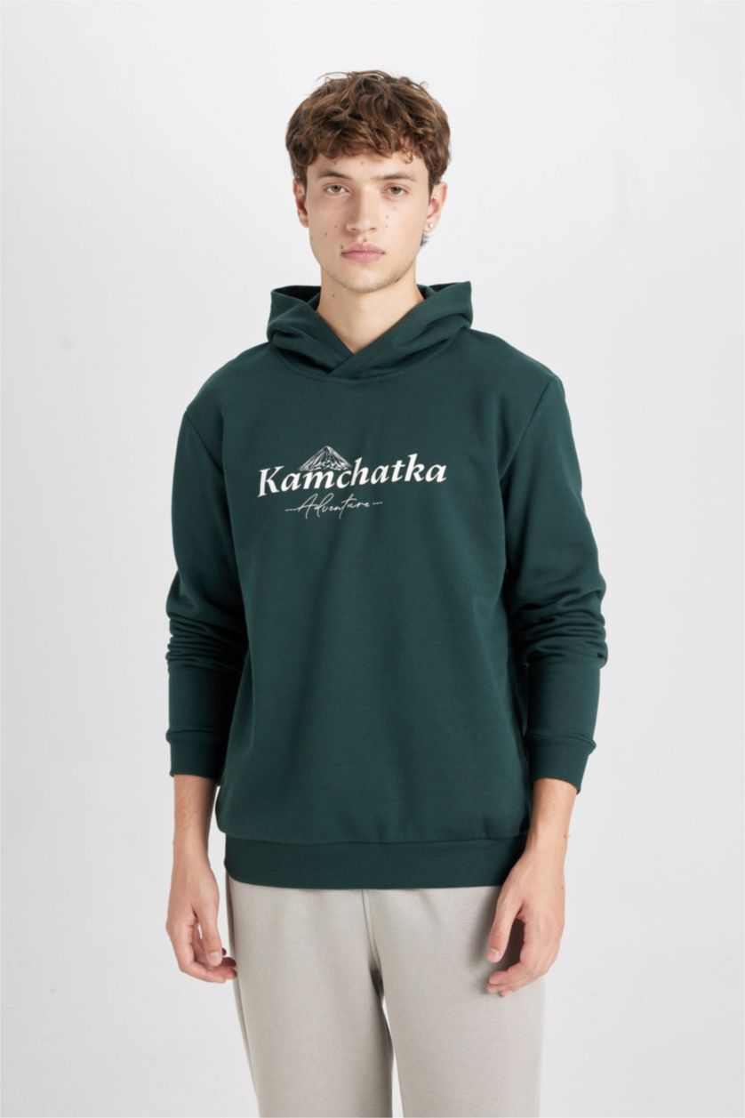 Erkek Koyu Yeşil Regular Fit Kapüşonlu Baskılı Sweatshirt