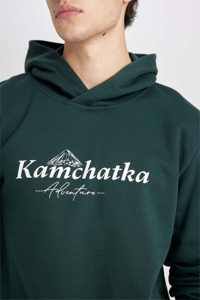 Erkek Koyu Yeşil Regular Fit Kapüşonlu Baskılı Sweatshirt
