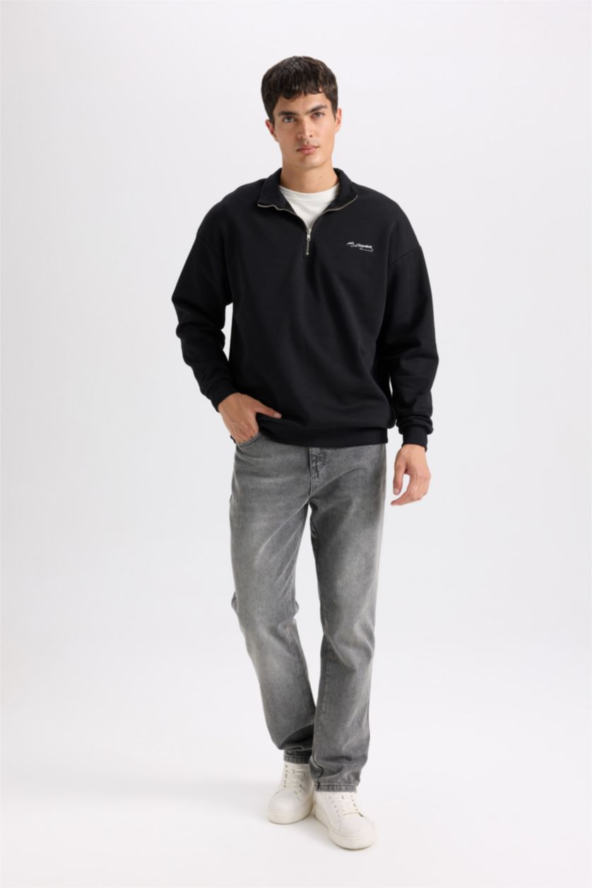 Erkek Siyah Boxy Fit Dik Yaka Yarım Fermuarlı Baskılı Sweatshirt