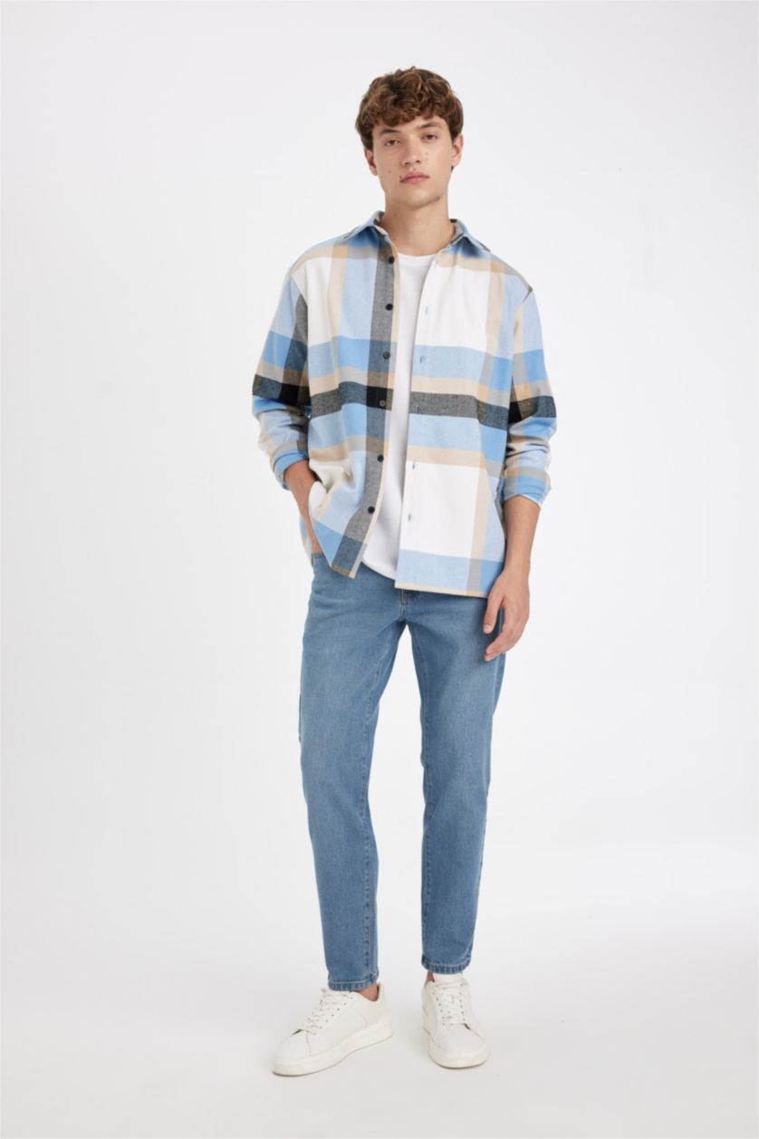 رجال Dull-Light Blue قميص كاروهات ردن طويل قصة عادية