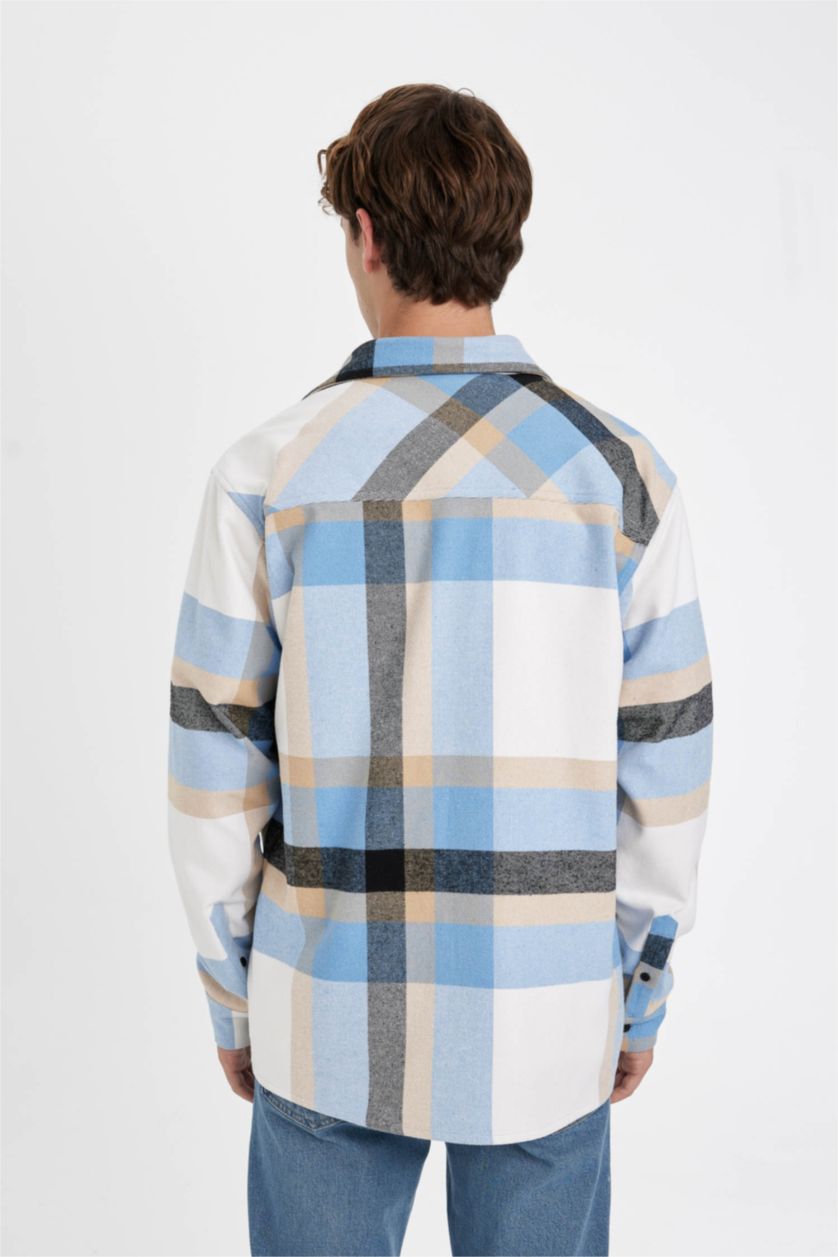 رجال Dull-Light Blue قميص كاروهات ردن طويل قصة عادية