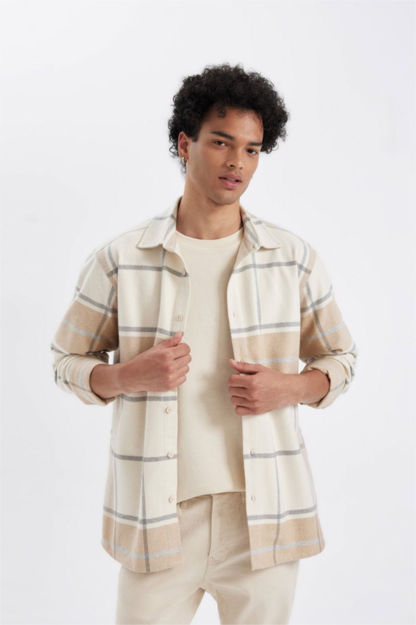 رجالي اللون الحجري Regular Fit Woodcutter Long Sleeve Shirt