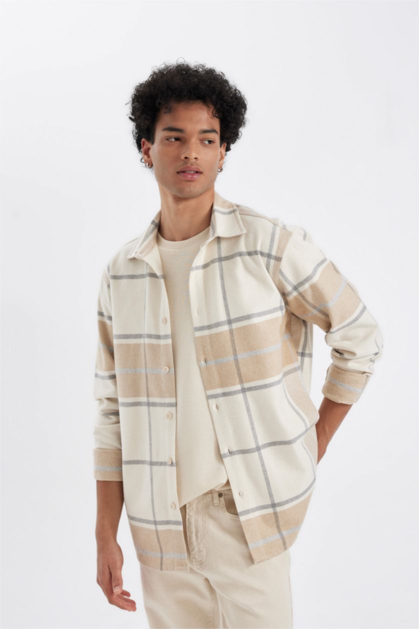 رجالي اللون الحجري Regular Fit Woodcutter Long Sleeve Shirt